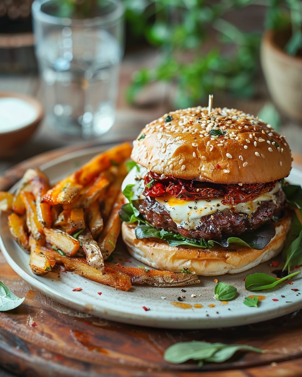 Burger et frites maison sur une planche en bois, photo brute