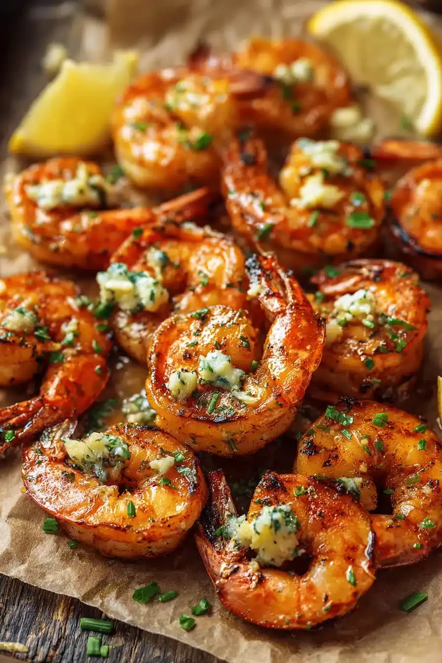 Crevettes à l'ail et au persil sur papier kraft, photo brute